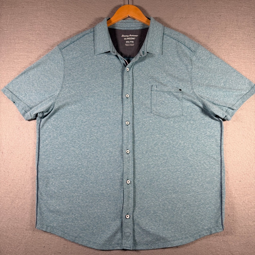 Tommy Bahama IslandZone Mens XXL Teal Blue Heathered‎ Short Sleeve Button Down